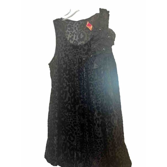 Maya Y2K Hitched Hem Dress M L Cheetah Sheet Black Sleeveless Bubble Puff     F - Picture 1 of 10